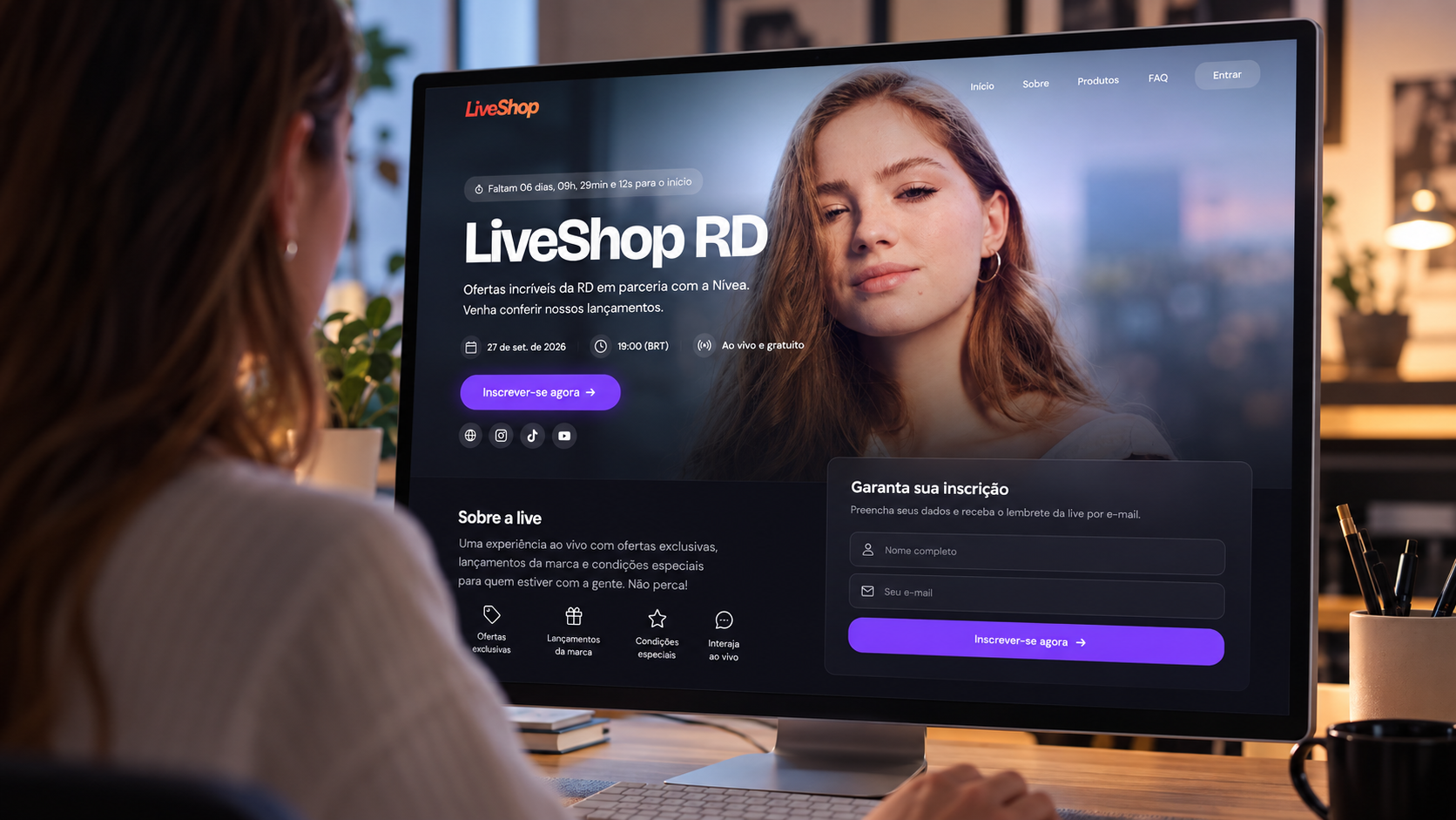 Página de inscrição para uma live