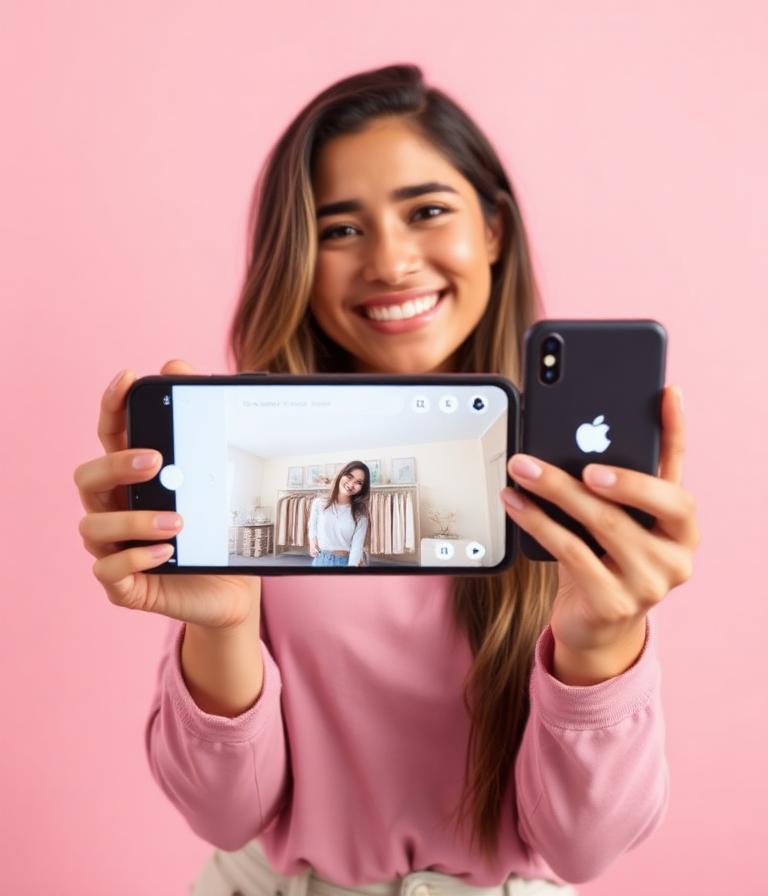 Criadora de conteúdo transmitindo uma live de compras pelo celular