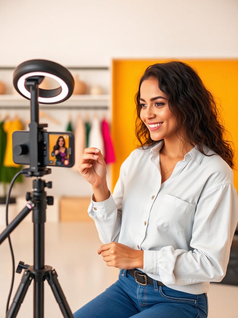 Apresentadora conduzindo uma live de compras em estúdio